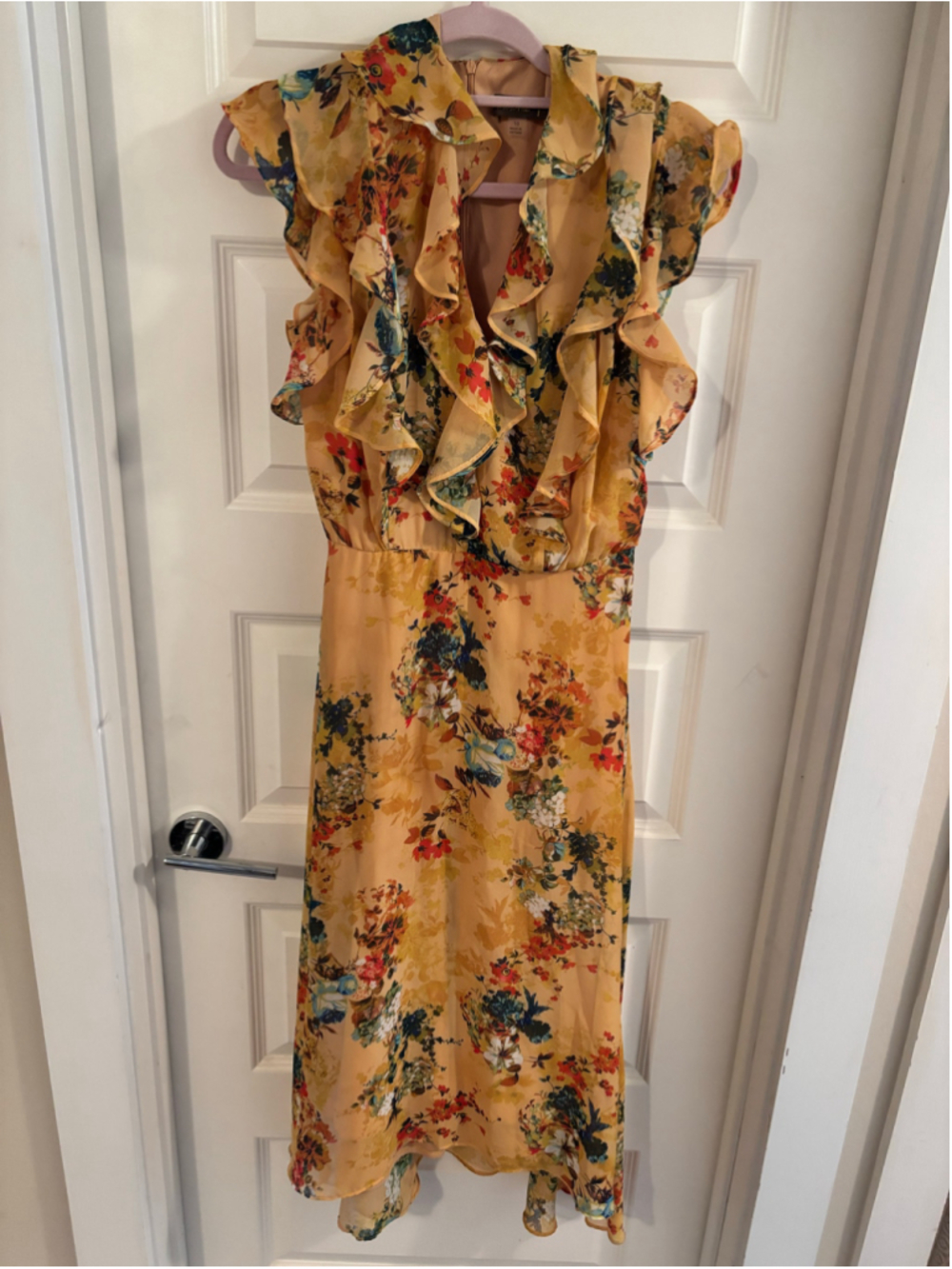 Women's Melonie T Floral Midi Dress Size 10 Yellow Ruffle Sleeve
